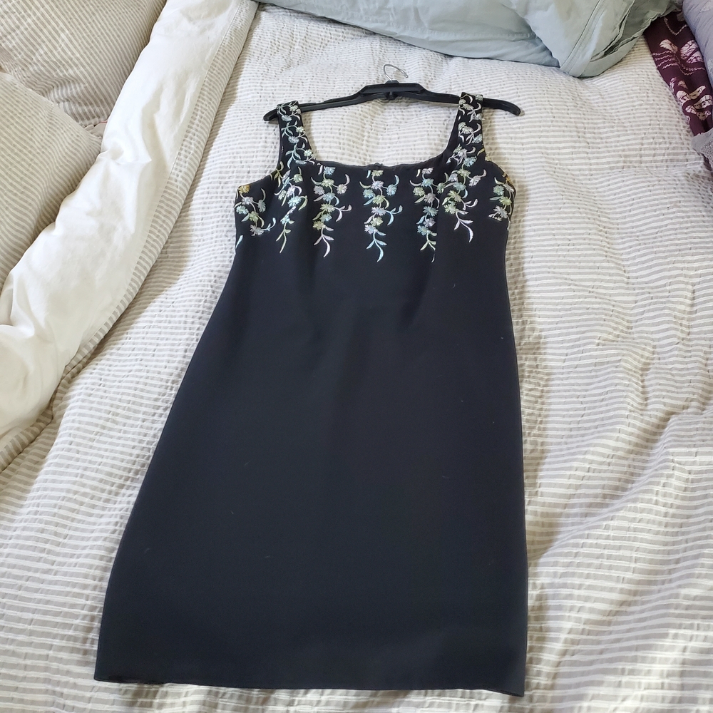 Black Floral-Trim Sleeveless Dress